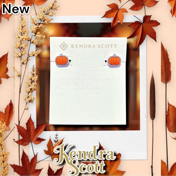 New Kendra Scott Pumpkin Silver Stud Earrings in Orange Mother-of-Pearl - Picture 2 of 4